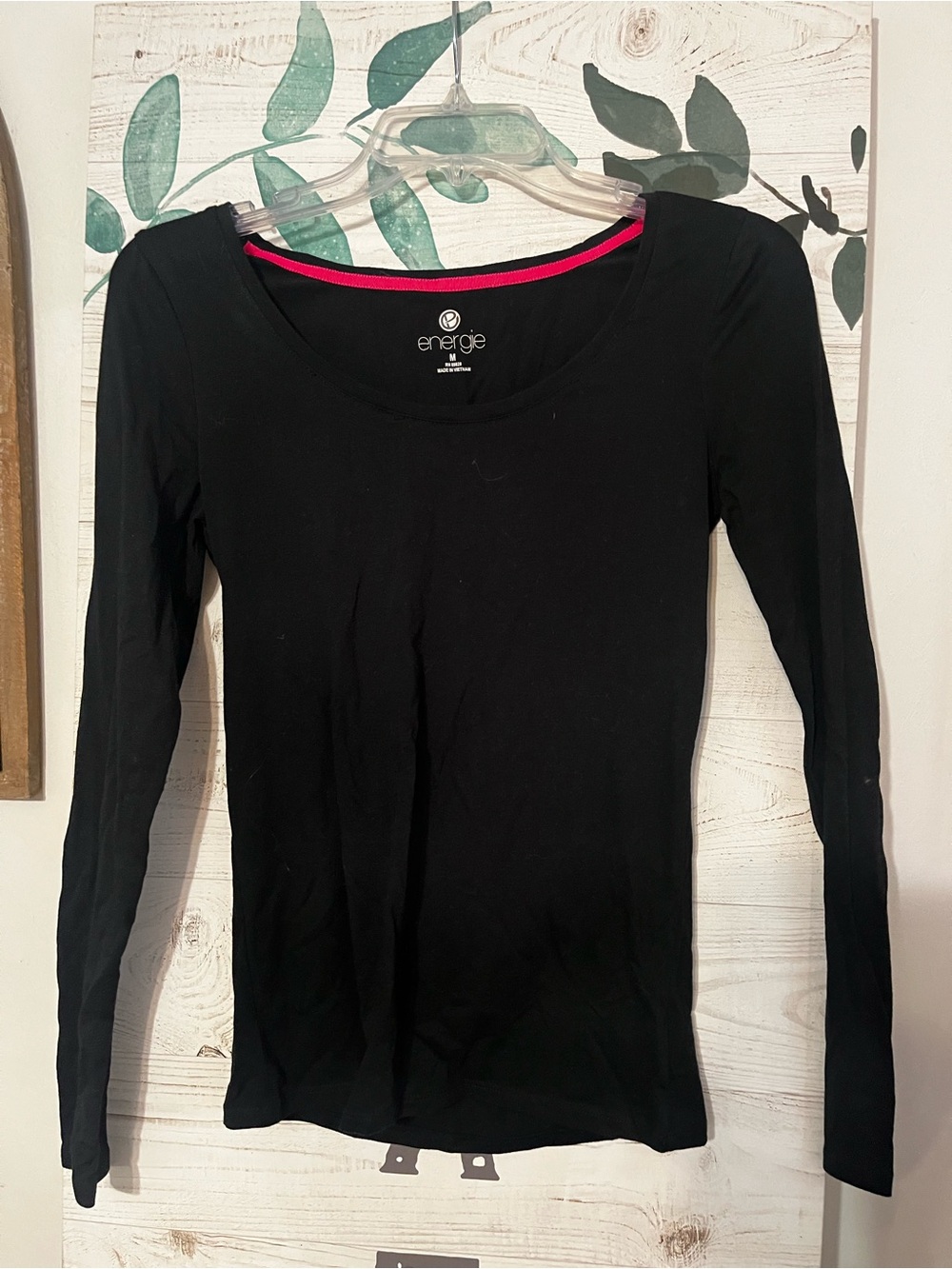 Energie Black Long Sleeve Scoop Neck Top with Pink Trim